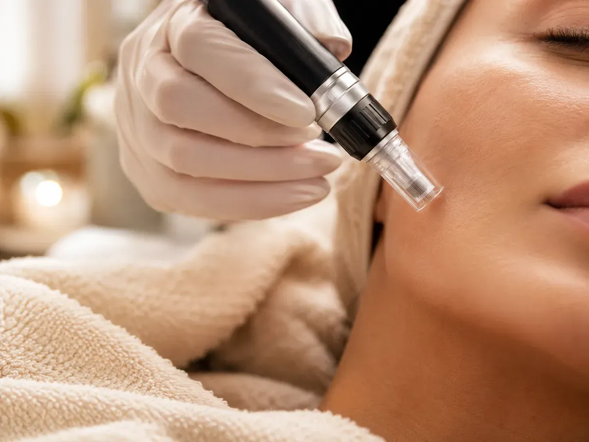 Skin needling treatment device held near the cheek during a facial treatment
