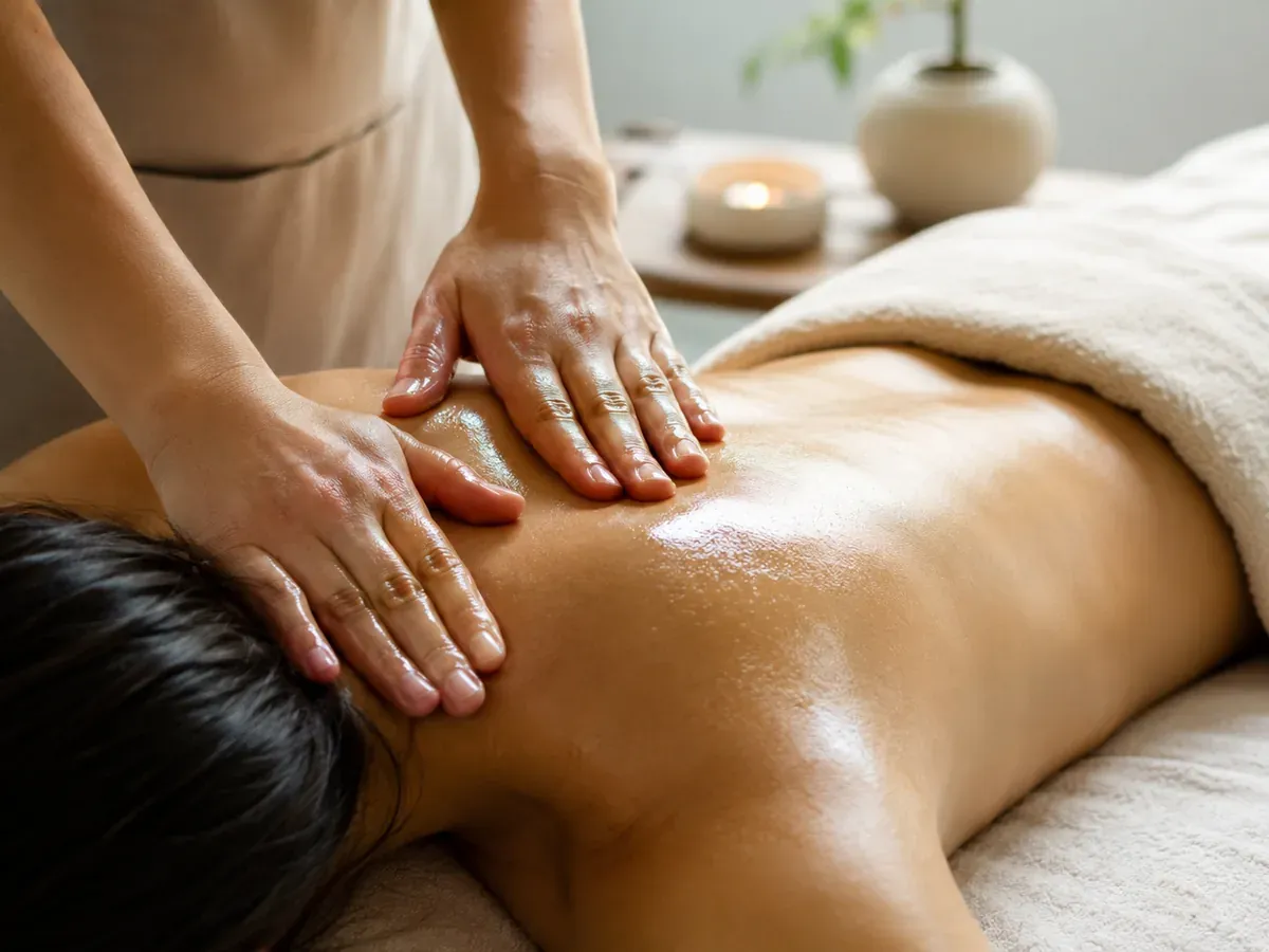 Relaxation massage with hands applying oil across the upper back