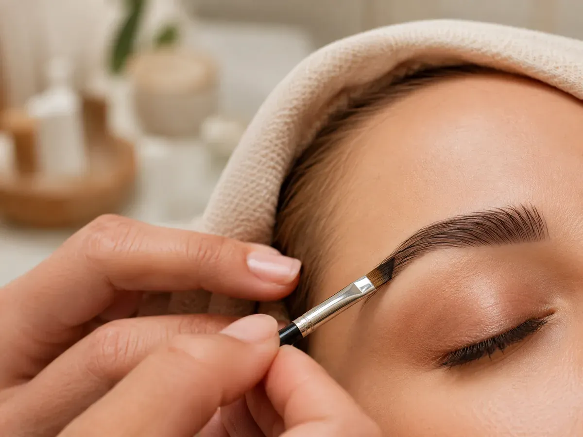 Brow tinting treatment with a small brush shaping the eyebrow