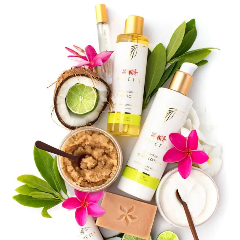 Pure Fiji body care products with coconut, lime and flowers