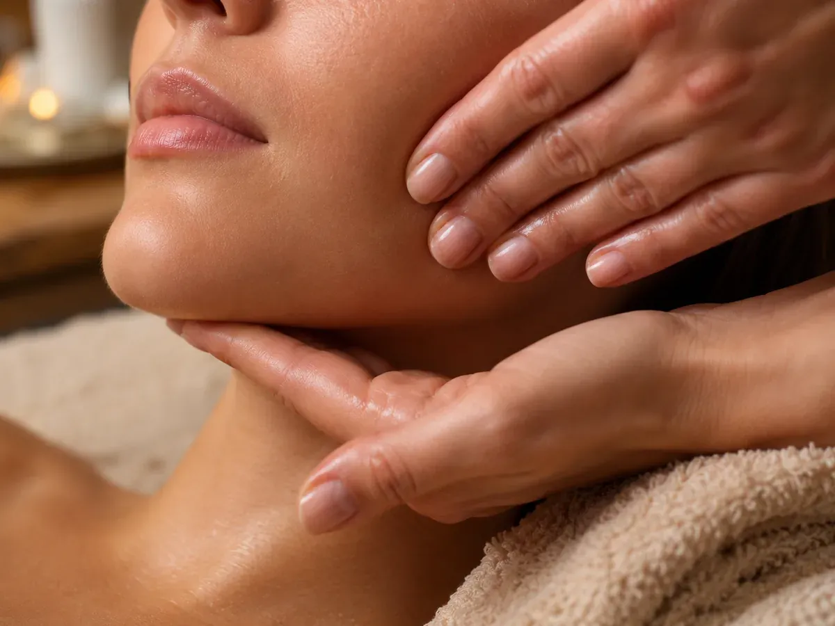 Facial sculpting massage with hands lifting along the jawline and cheek