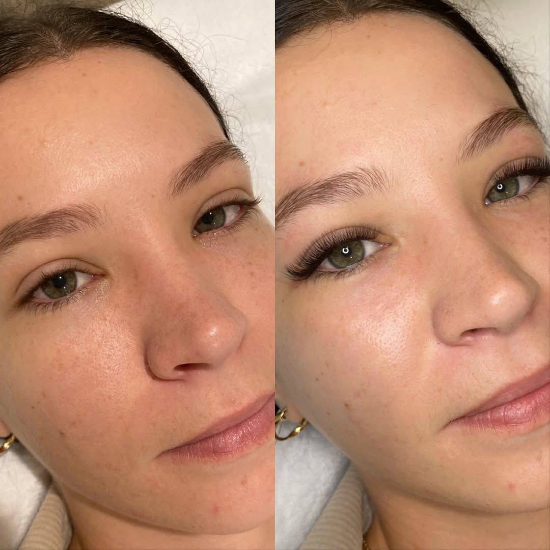 Before and after lash and brow treatment result with fuller lashes and defined brows