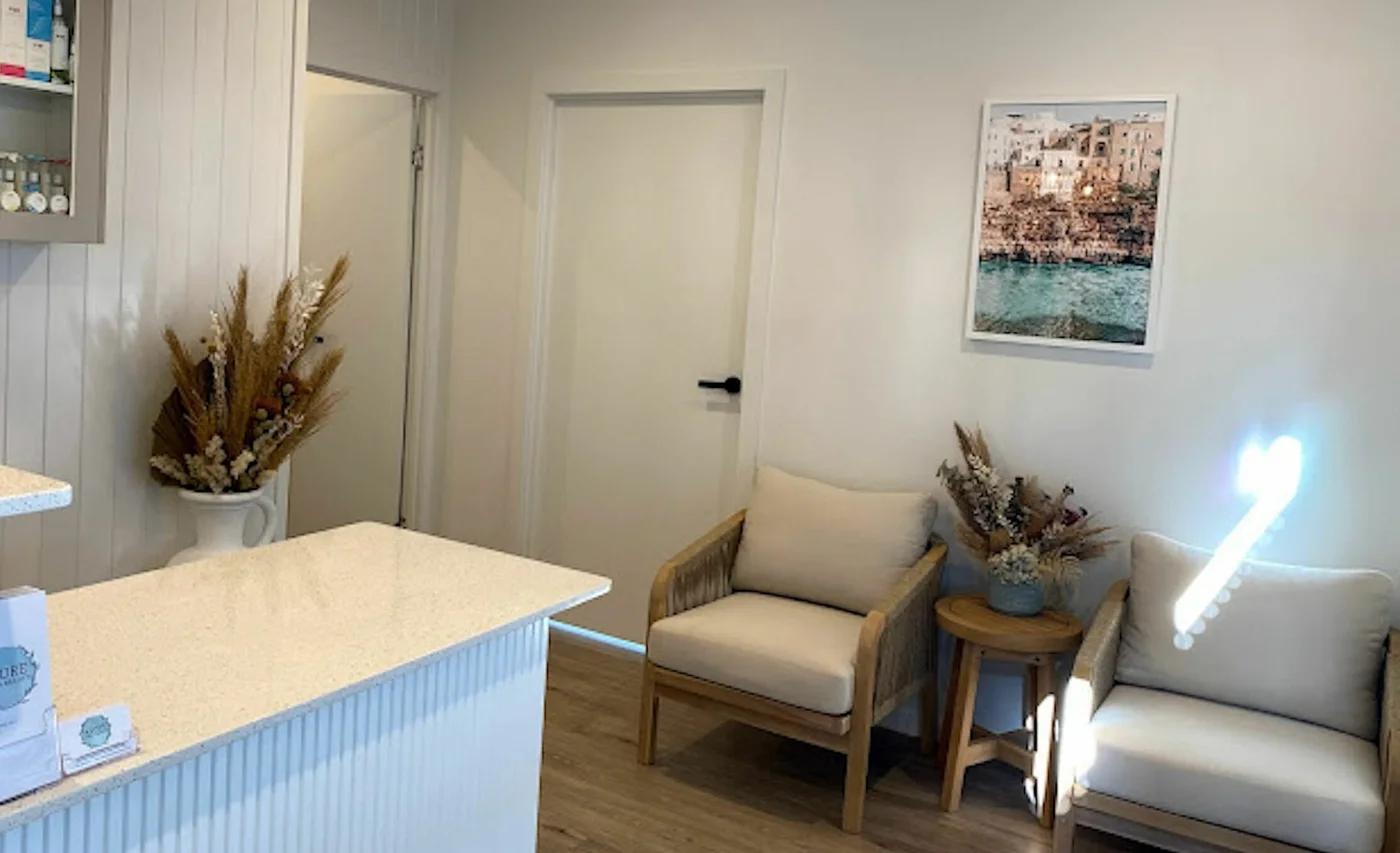 Quiet reception seating area at Azure Skin and Beauty