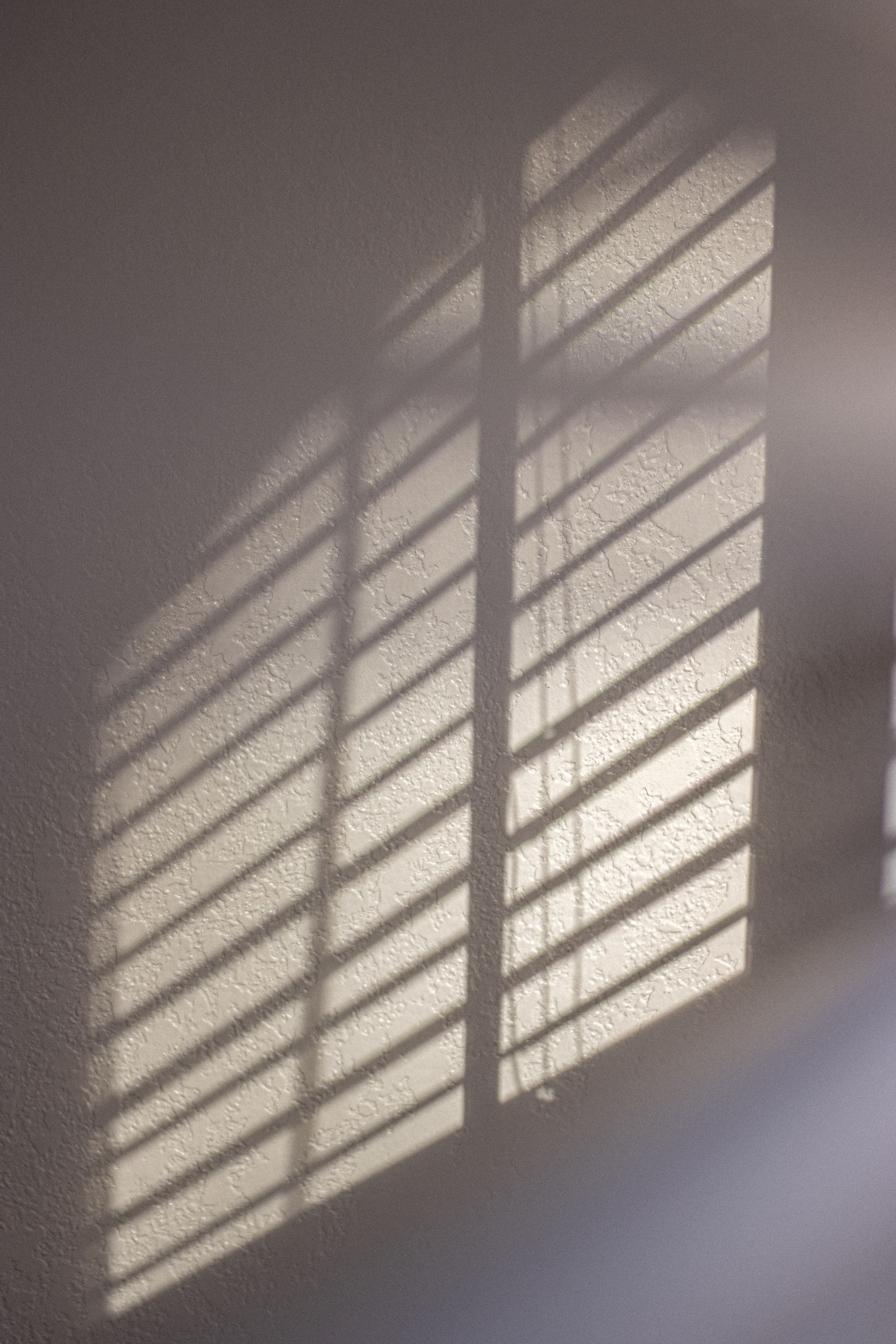 Daylight through slats casting soft banded shadows across a plain wall