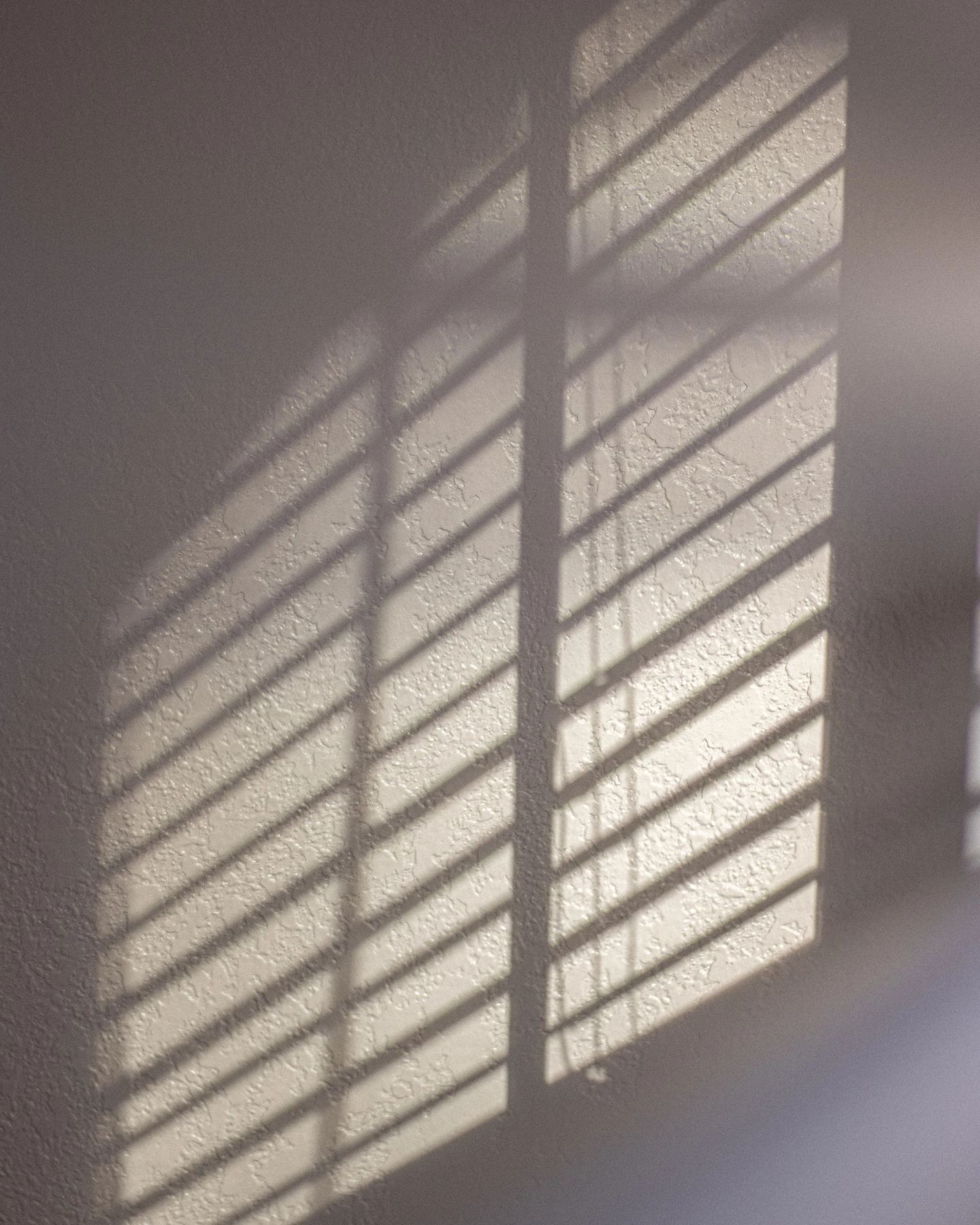 Daylight through slats casting soft banded shadows across a plain wall