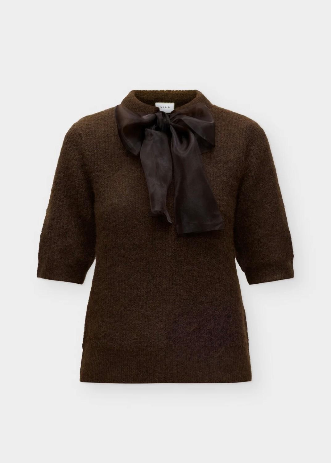 VILA Viitza o-neck 2/4 Bow knit top brun, bilde 1 av 2