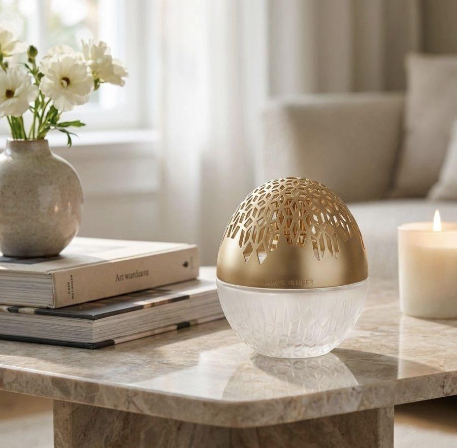 Maison Berger duftlampe i gull på et marmorbord
