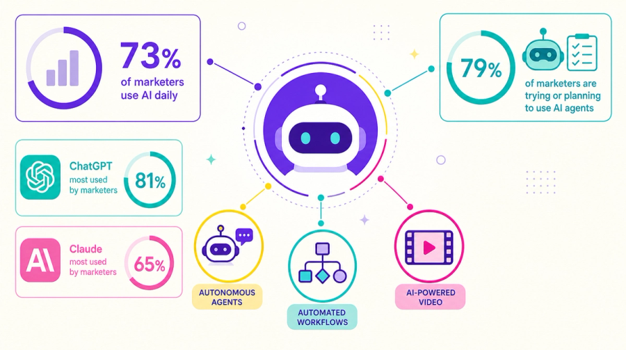 Infografía del AI Marketing Industry Report 2026 sobre el uso de IA en marketing: agentes, automatización y video