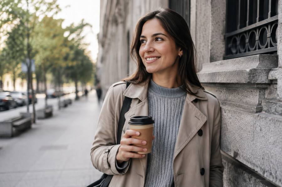 Fotografía de stock genérica: mujer en la calle con un café, sin dirección de marca.