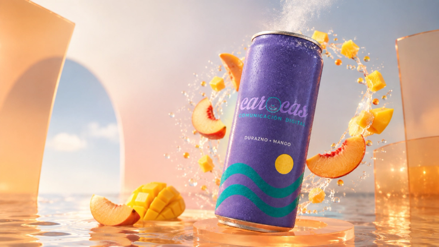 Campaña con la lata de Carocas fría y recién abierta sobre plataforma acrílica color durazno, con rodajas de durazno, cubos de mango y reflejos teal y amarillos.
