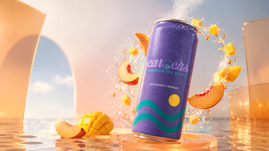Campaña con la lata de Carocas fría y recién abierta sobre plataforma acrílica color durazno, con rodajas de durazno, cubos de mango y reflejos teal y amarillos.