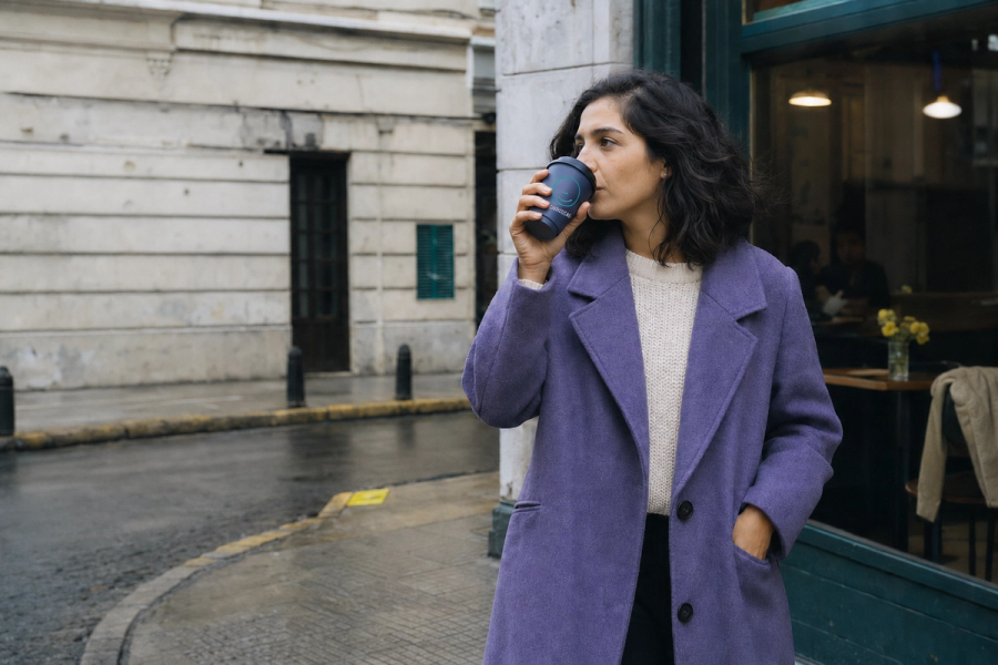 Fotografía editorial dirigida con identidad Carocas: mujer con café en Buenos Aires, paleta violeta, teal y amarillo, espacio negativo para copy.