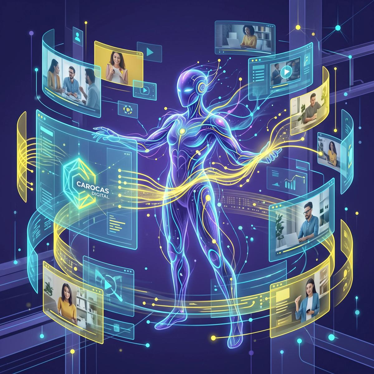 Ilustración de la evolución del marketing digital: de chat e ideas a sistemas de agentes, automatización y video. Generada con IA (portada).