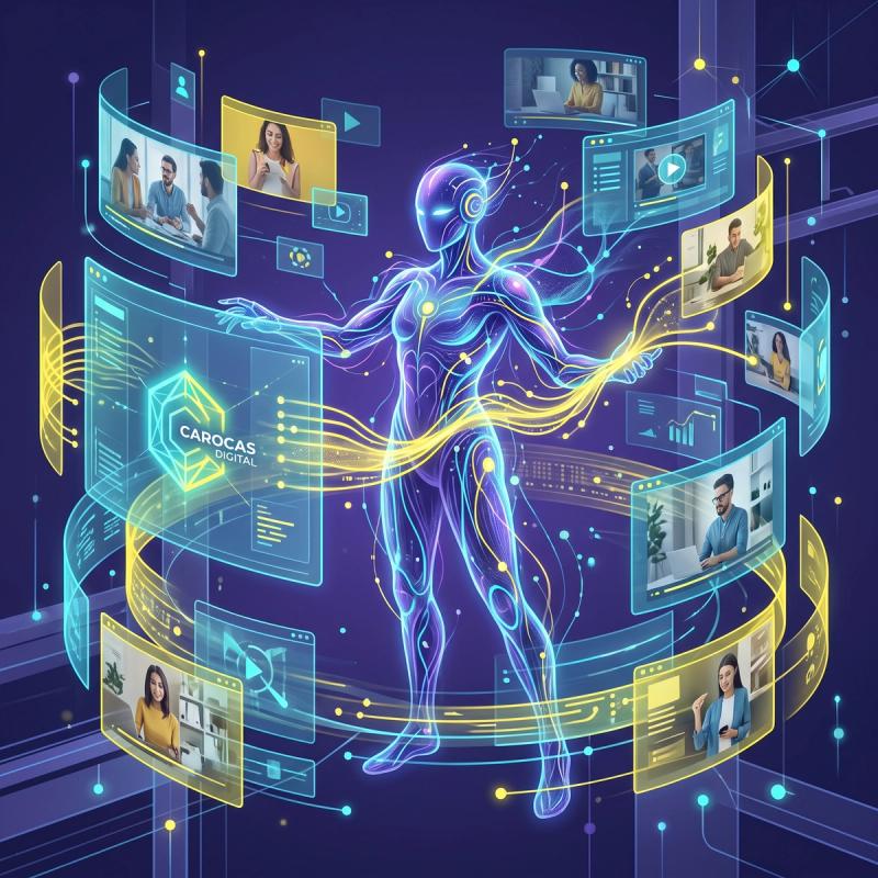 Ilustración de la evolución del marketing digital: de chat e ideas a sistemas de agentes, automatización y video. Generada con IA (portada).