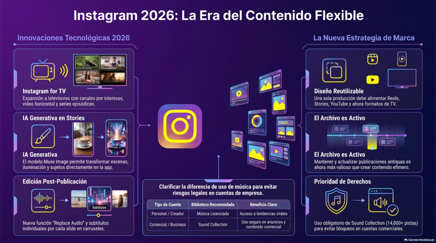 Infografía con las novedades de Instagram en 2026: TV, IA en Stories, audio editable y captions por slide.