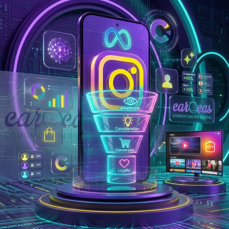 Ilustración 3D futurista: un smartphone con el logo de Instagram en pantalla, sobre un embudo de marketing dividido en cuatro etapas (Awareness, Consideration, Conversion y Loyalty), rodeado de íconos de inteligencia artificial, gráficos de métricas y una pantalla de televisión, con el logo de Carocas Digital integrado al fondo.