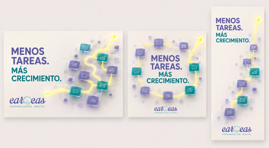 Campaña multiformato con identidad Carocas: hilo amarillo en trayectoria ascendente en banner, post cuadrado e historia vertical.