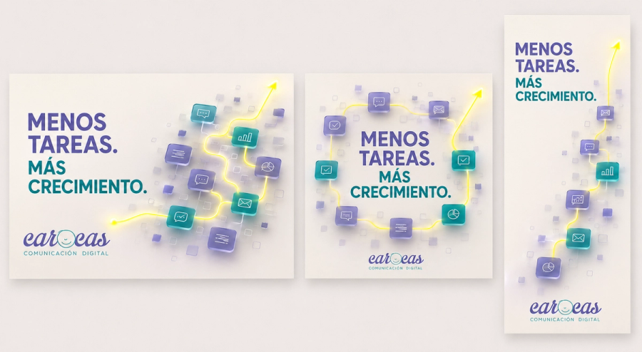 Campaña multiformato con identidad Carocas: hilo amarillo en trayectoria ascendente en banner, post cuadrado e historia vertical.