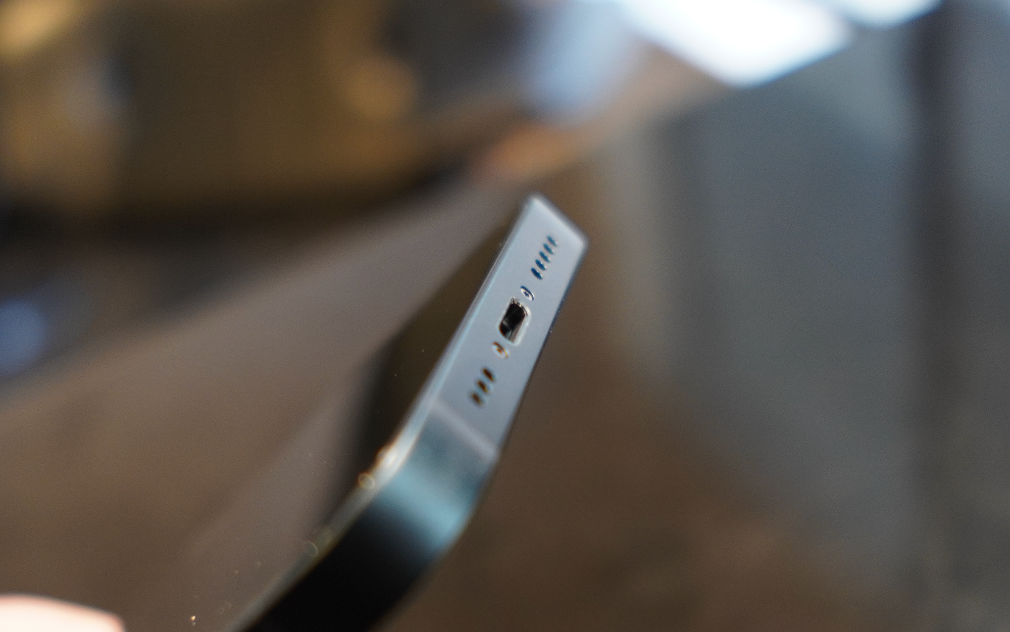 A close shot of an iPhone charging port