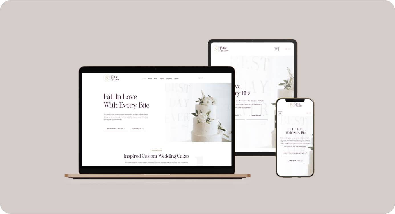 Petite Sweets Bakery wedding-cake website shown across laptop, tablet, and phone