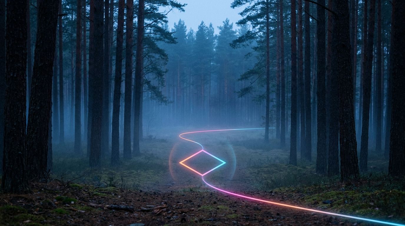 A glowing route runs a direct line through foggy pine trunks to one diamond waypoint at a clearing, like a fast, unbroken website load speed.