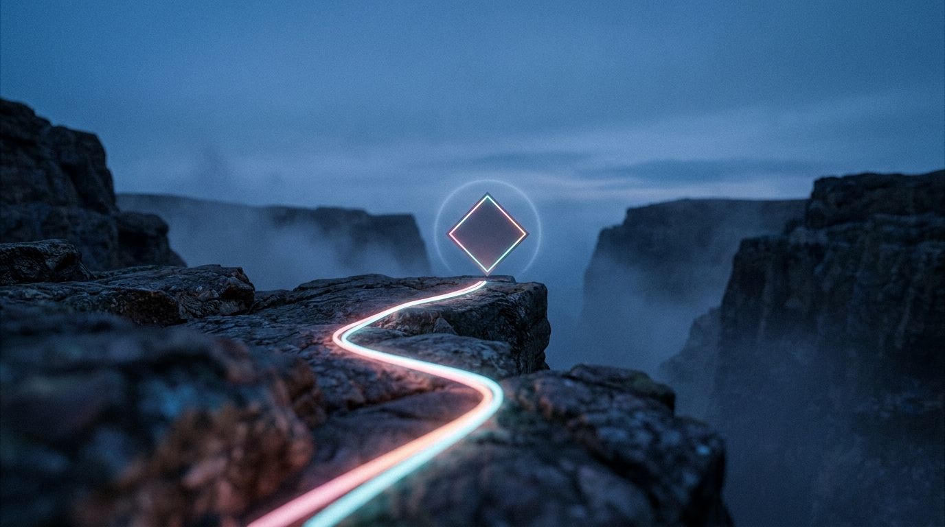 Cliff-top rock shelf at blue hour, one bright waypoint glowing at the edge above misty shadow, like the right words rising above the rest.