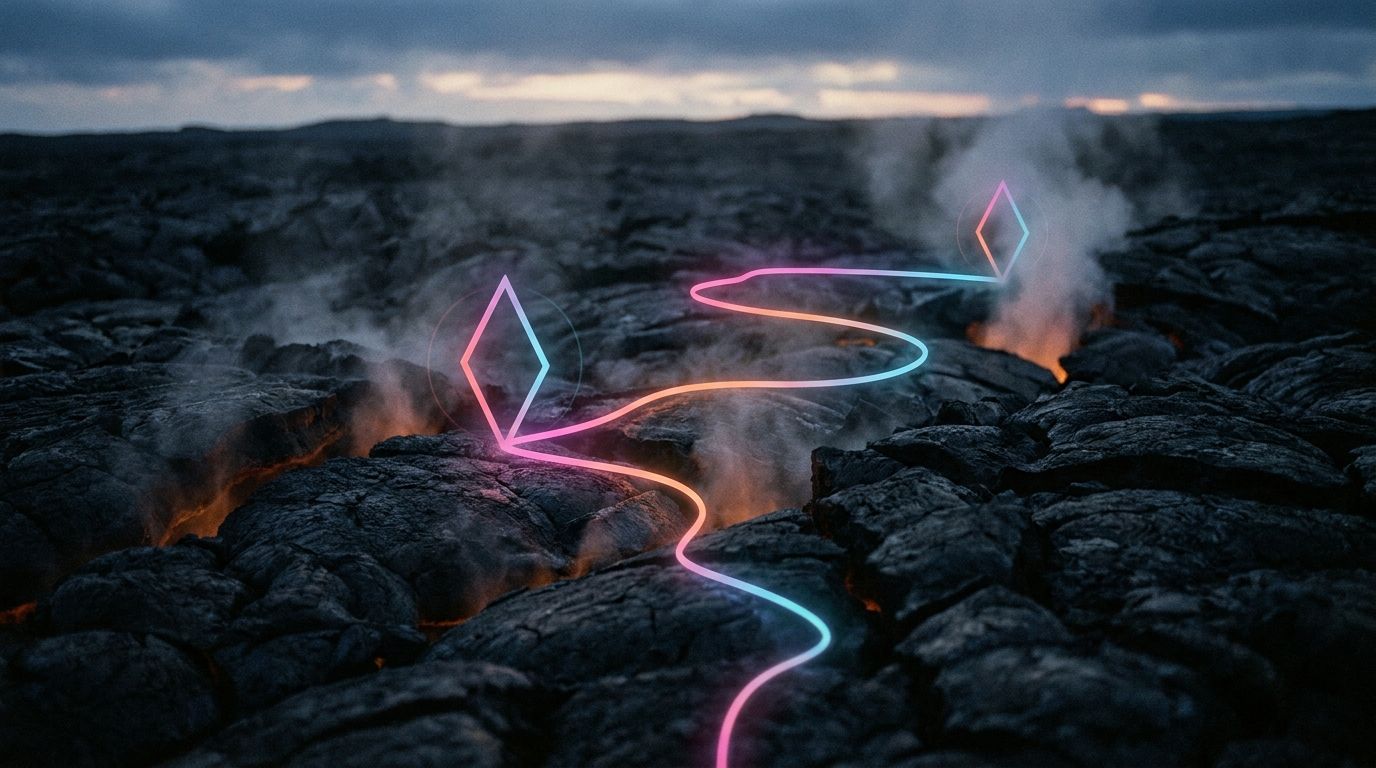 A glowing route follows warm cracks across black lava rock past two diamond waypoints and steam vents, like the stages of a website design process.