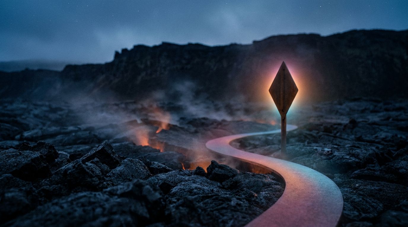 A glowing route winds between steaming volcanic cracks to one steady diamond marker, like technology finding a human form beyond the screen.