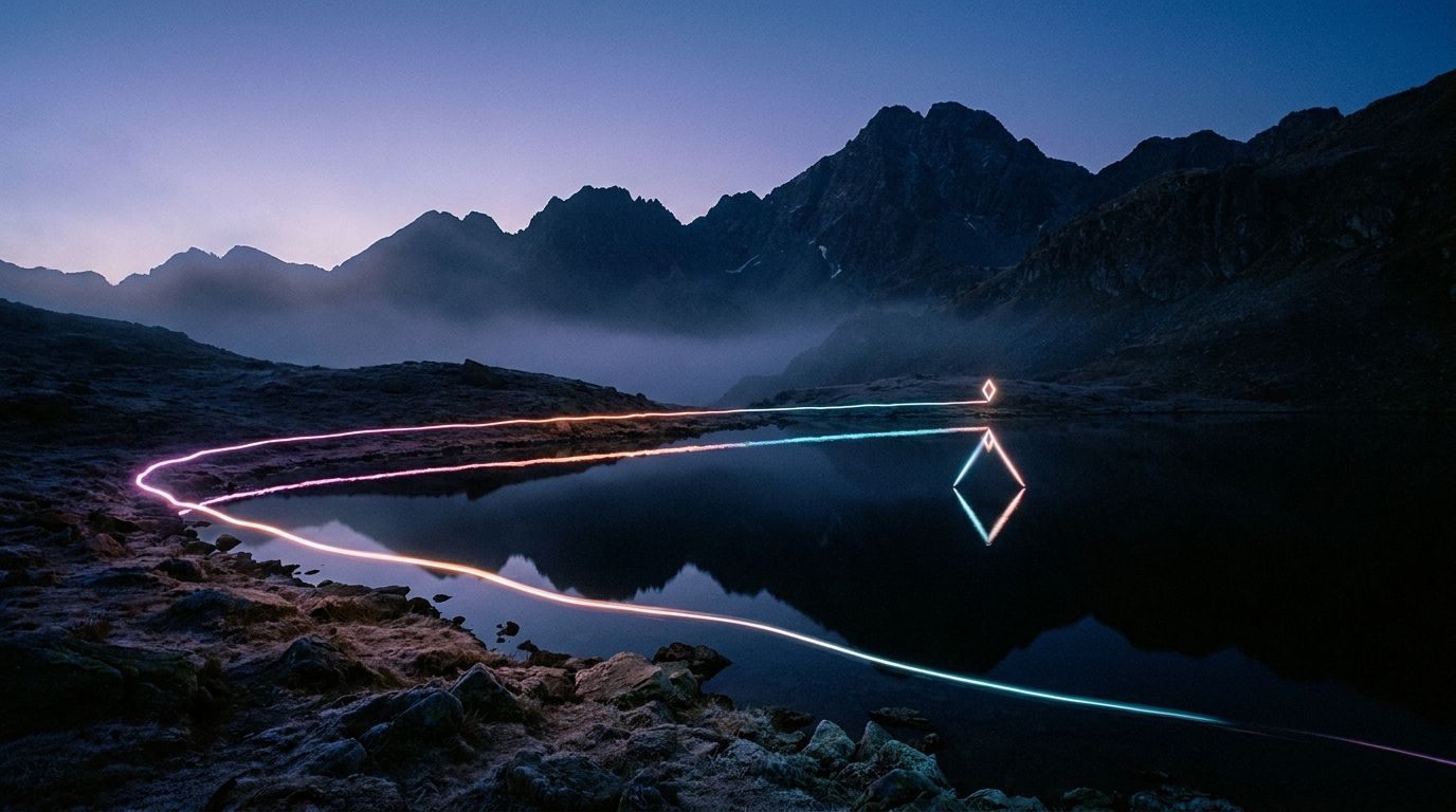 A glowing route crosses a still alpine lake to one diamond waypoint doubled in reflection, like a logo distilling into one clear mark.
