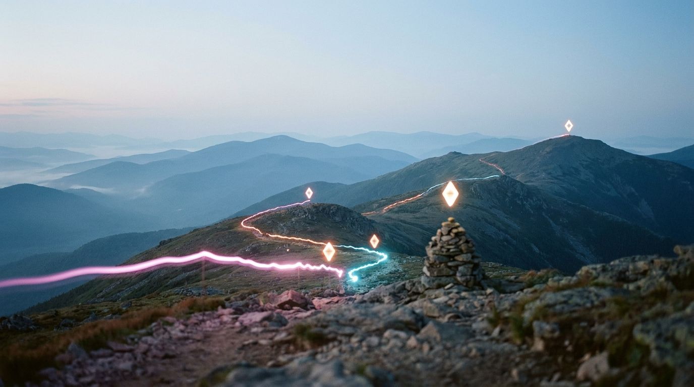 Blue hour ridge climb with three waypoints brightening in sequence up to a summit marker, like writing tips building on each other.