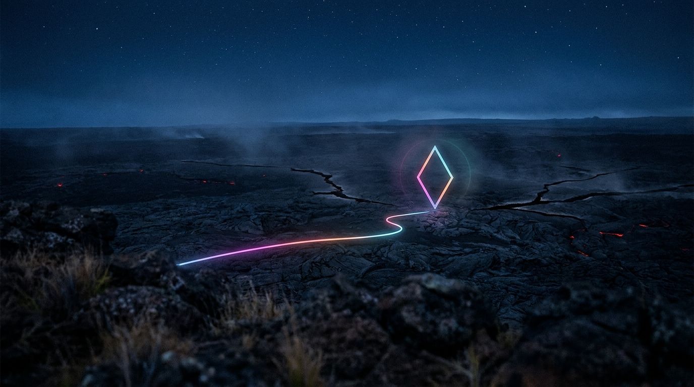 Black lava field at night with broken unlit branch trails beside one true glowing route to a waypoint, like content mistakes to avoid.