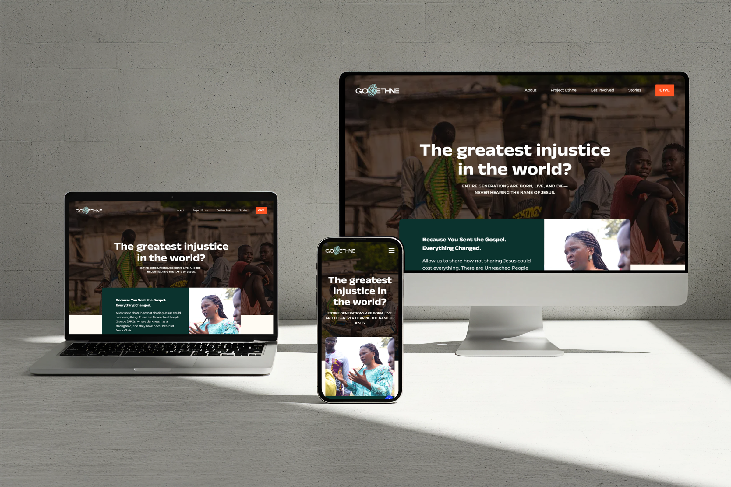 GoEthne website displayed across desktop, laptop, tablet, and phone