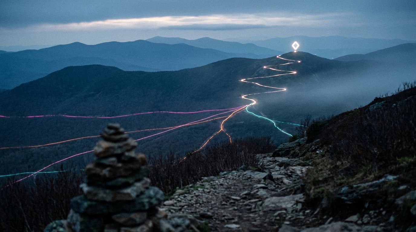 Fanning routes rejoin into one glowing trail past a stone cairn to a summit marker, like choosing the right developer among options.