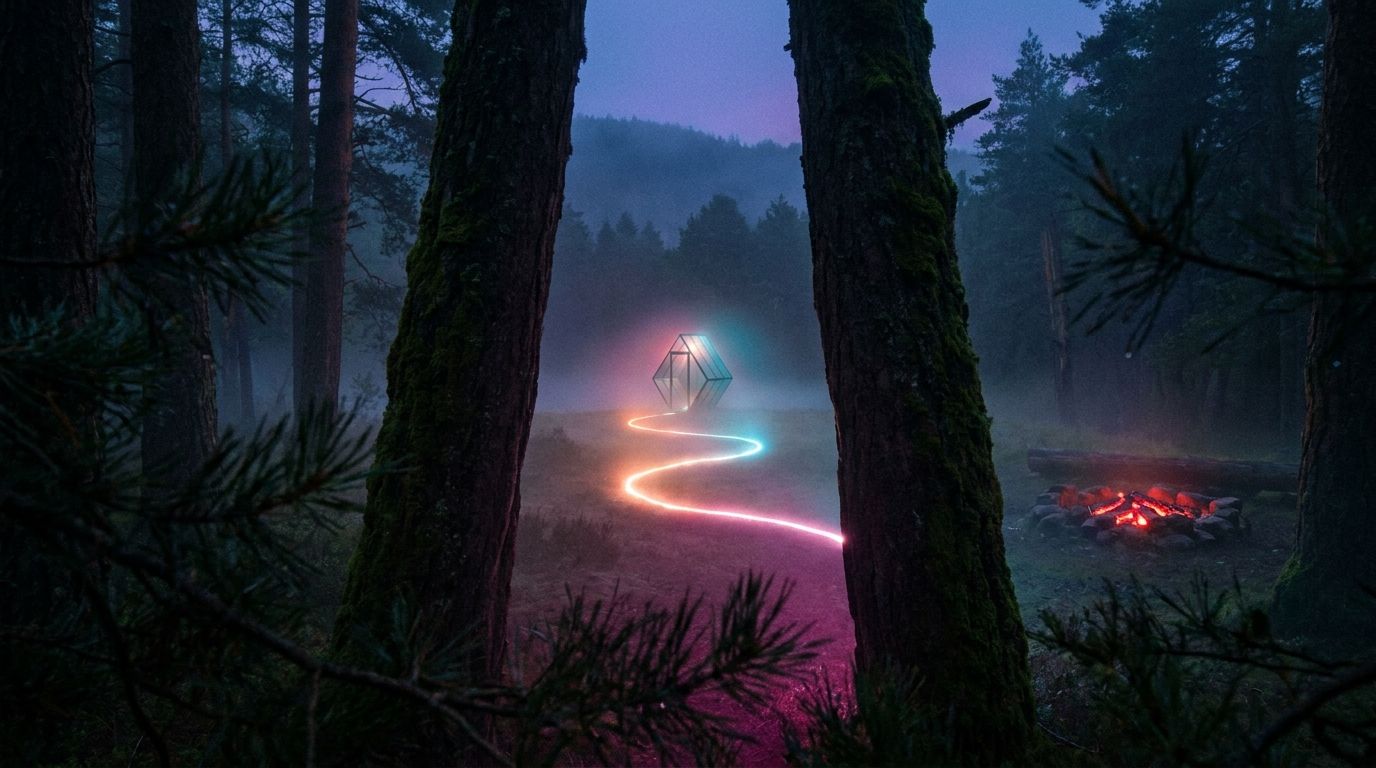 A narrow gap between pine trunks opens onto one small, tightly lit diamond marker, like a personal logo saying exactly who someone is.