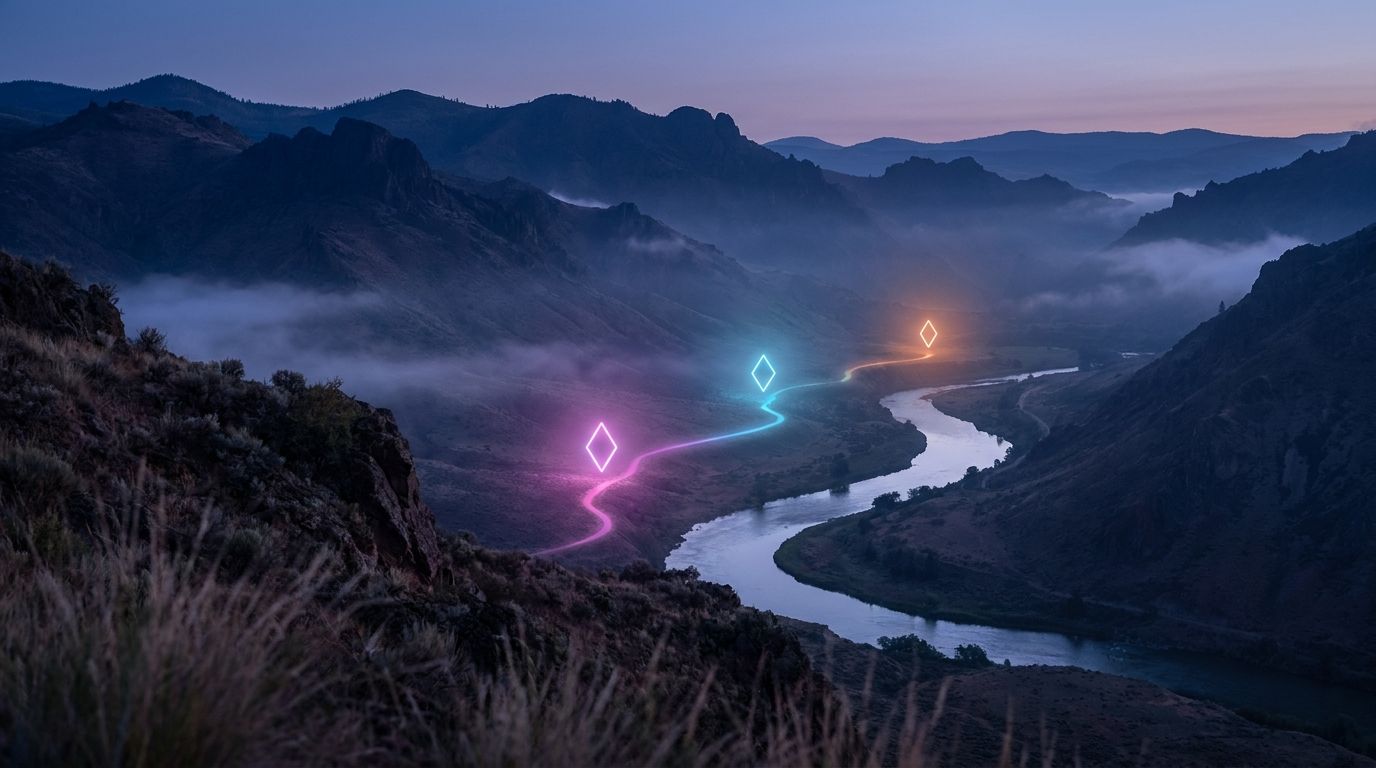 A glowing river route passes three diamond waypoints that warm in color downstream, like a donor relationship deepening over time.