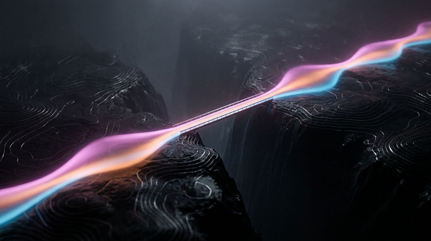 A route crosses a narrow bridge and continues on the far side at the same height and brightness, cyan glow, like a domain move that keeps its ranking