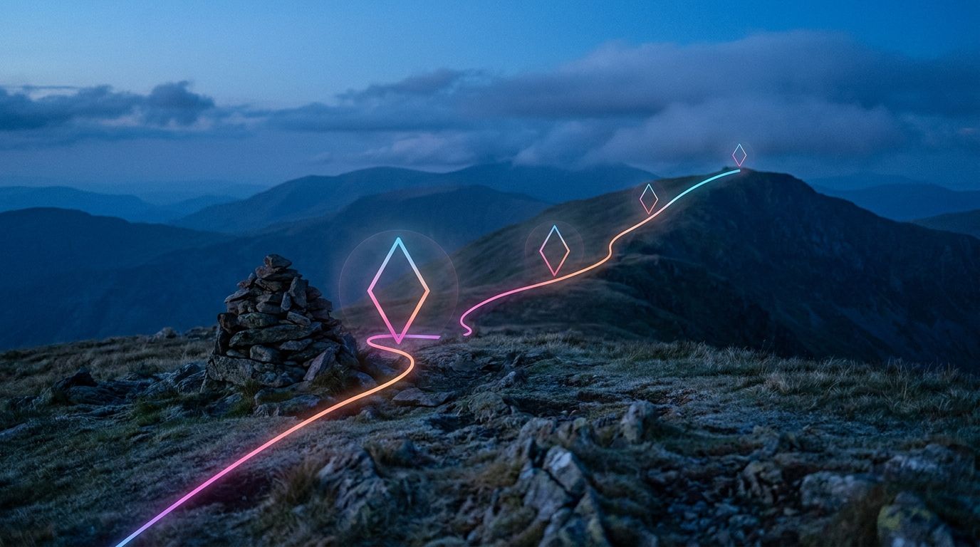 A glowing ridge route passes a stone cairn and climbs through three diamond waypoints at blue hour, like building nonprofit SEO step by step.