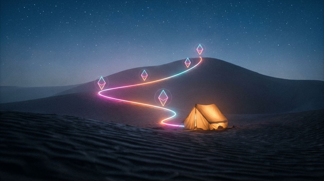 A lit tent anchors a glowing route over a starlit dune to one diamond waypoint at the crest, like guiding clients instead of letting them wander.