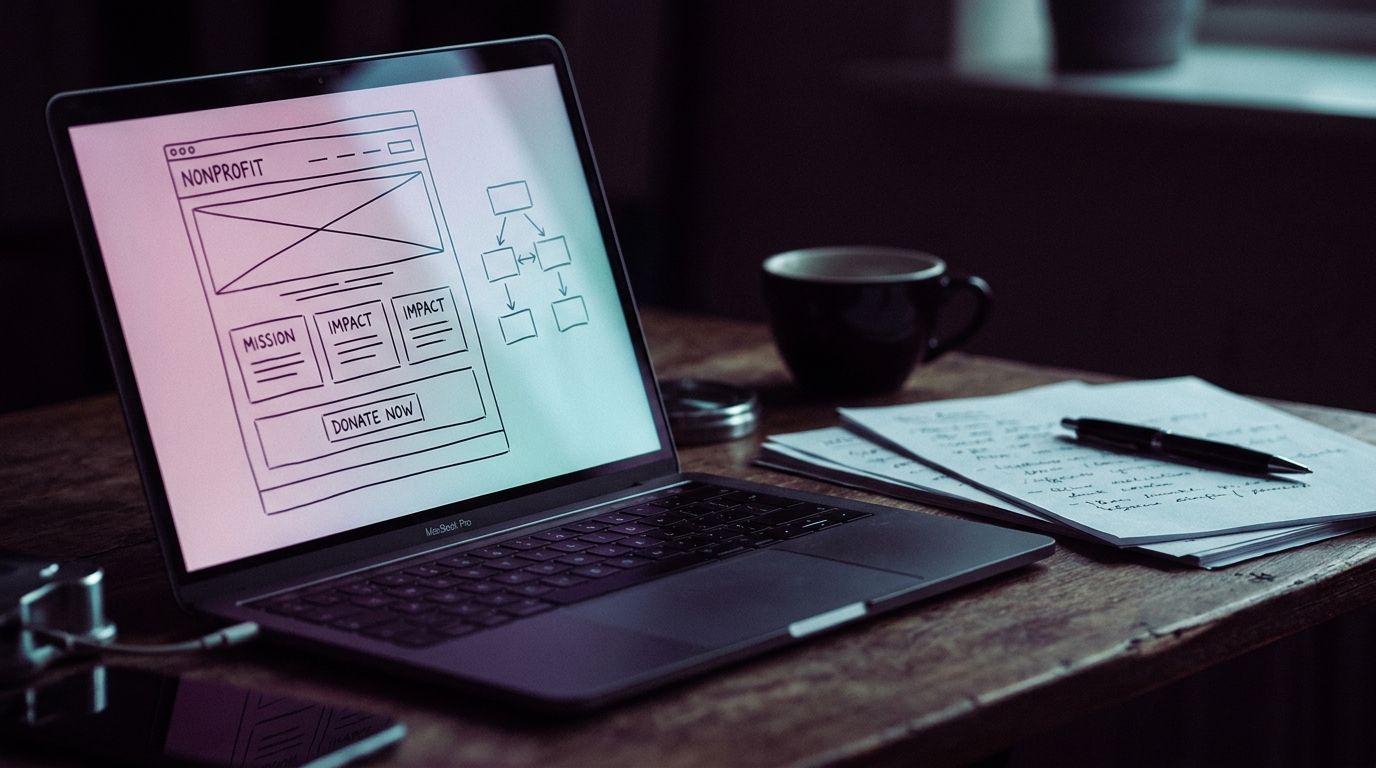Editorial workspace with a nonprofit website wireframe and donation path notes beside a laptop, in cinematic magenta and purple light.
