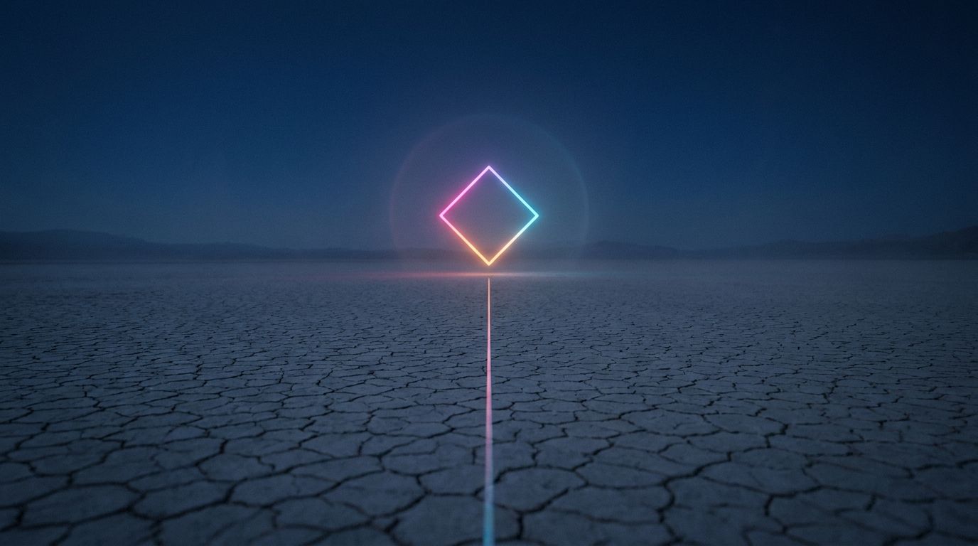 A single glowing route crosses a vast cracked salt flat to one diamond waypoint far ahead, like choosing the right keywords out of endless options.