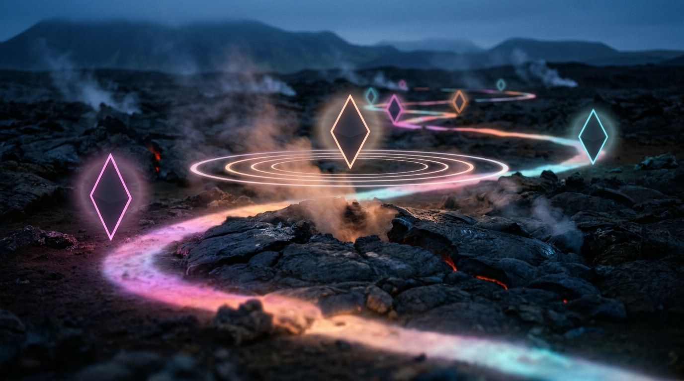 Volcanic field at night with nested rings of light tightening around a central glowing waypoint, like an optimized business listing.