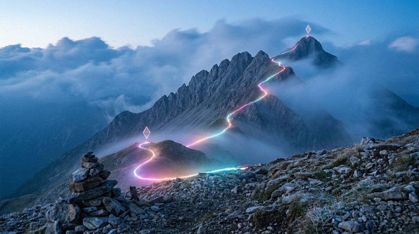 A glowing route climbs a misty ridge past a stone cairn to a single diamond waypoint lit at the summit, like climbing the search engine summit.