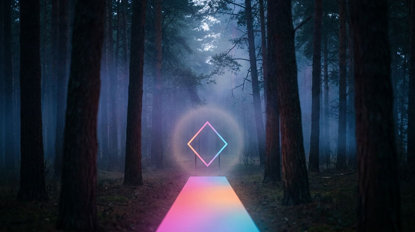 Foggy pine forest with one steady glowing route holding course past flickering ambient light, like a brand that resists chasing trends.