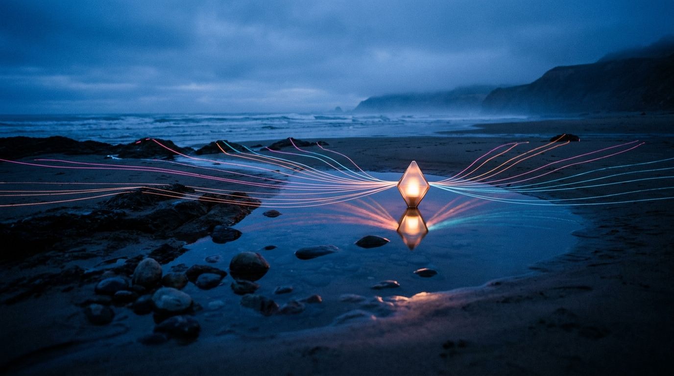 Thin glowing threads converge on a tidepool's diamond marker beside a lantern glow, like unrestricted grants reaching a nonprofit from all sides.