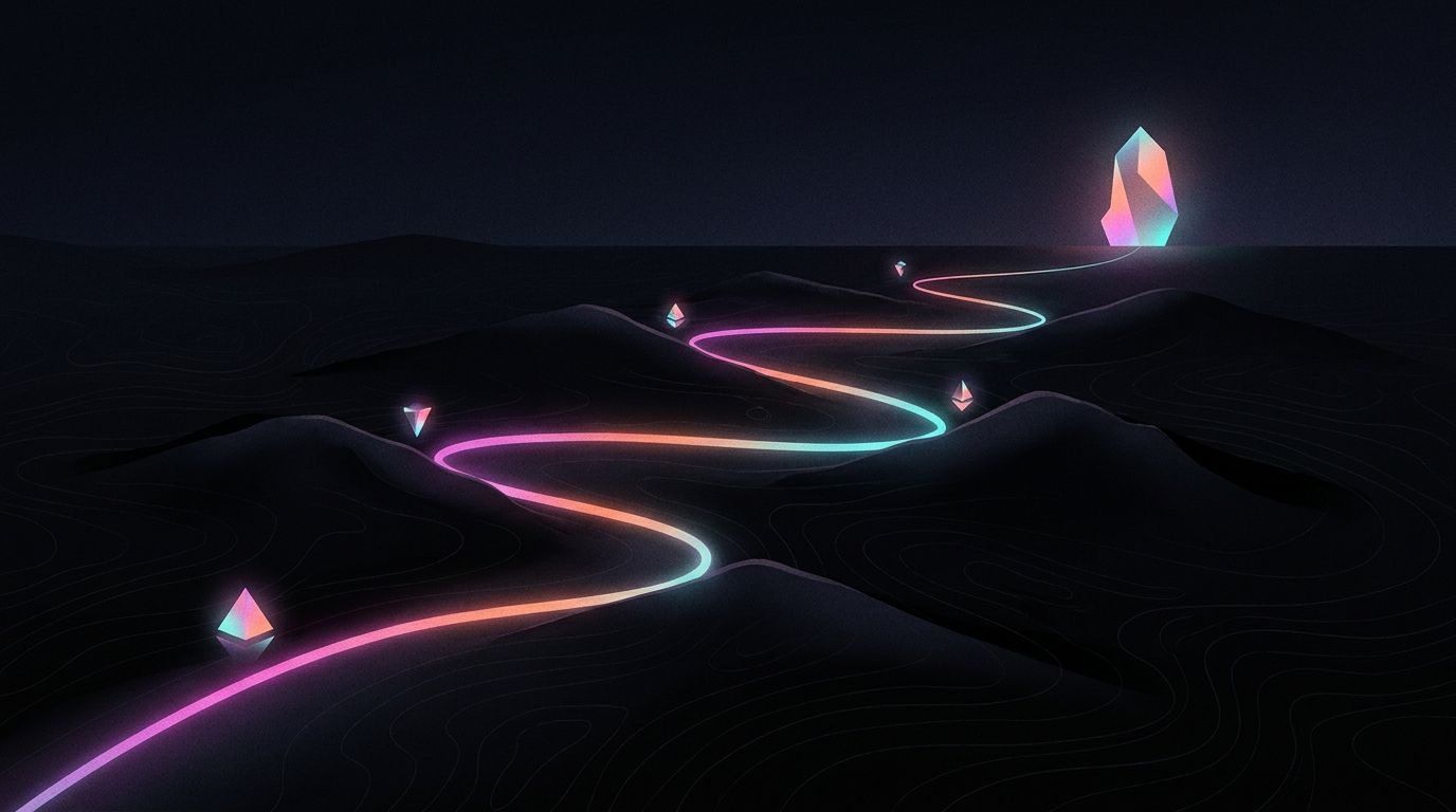 A confident route crosses four ridgelines marked by small waypoints, arriving at one final marker, magenta to cyan, like a full marketing roadmap