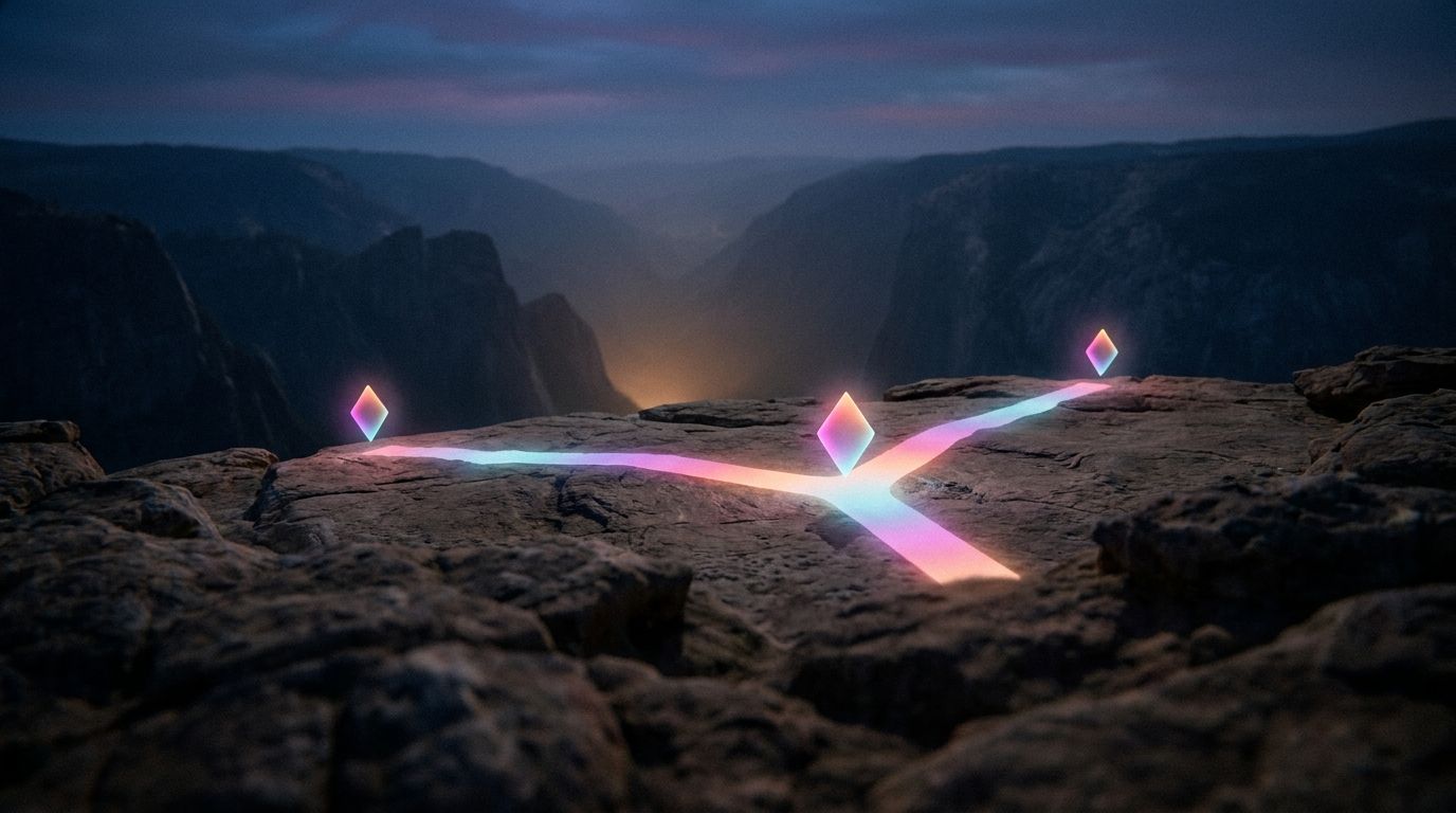 One diamond marker on a cliff shelf splits into two equally bright routes along the rim, like paid ads and social media both driving reach.