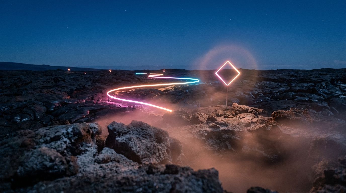 Black lava field at night with steam vents, a glowing route pausing at a waypoint whose halo widens, like a visitor settling in.