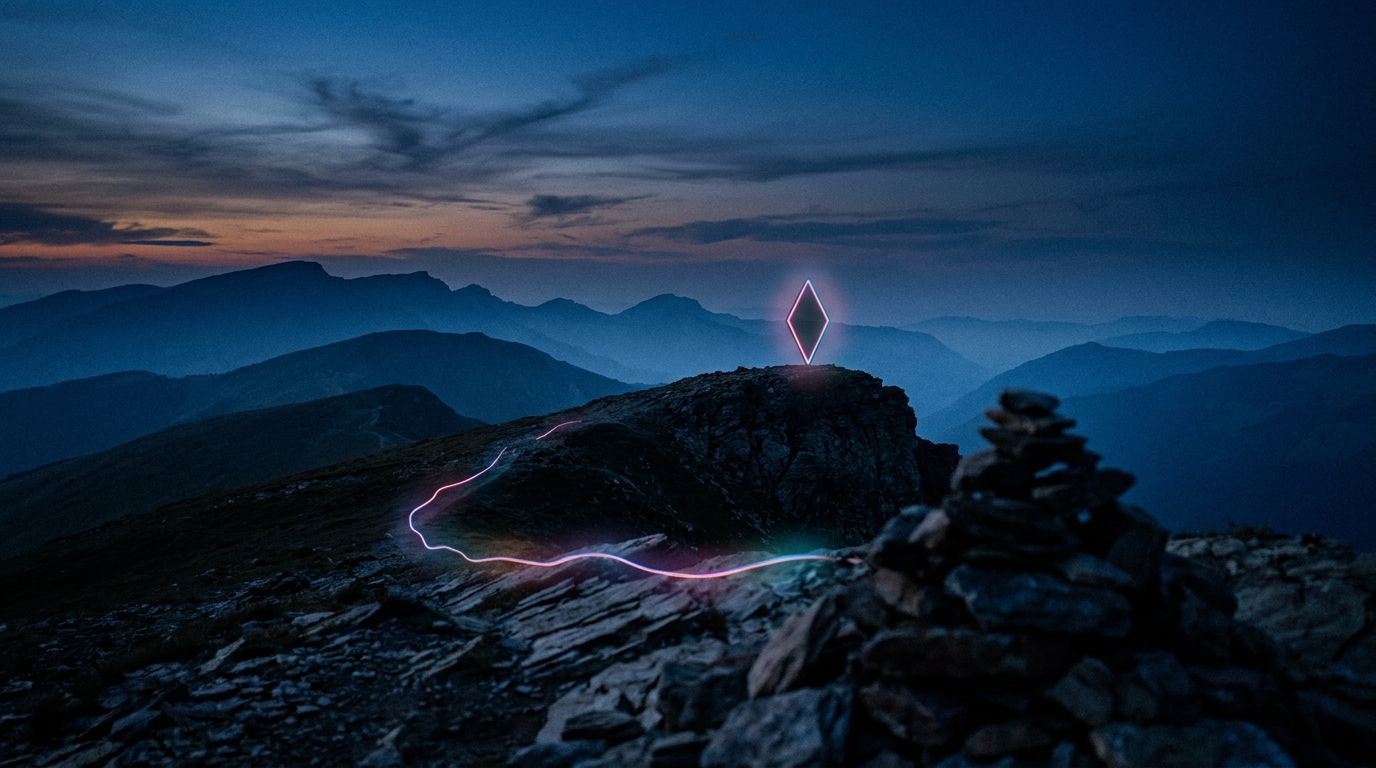 A glowing ridge route passes a stone cairn to one diamond waypoint standing apart on a rock outcrop, like a logo design that stands apart.