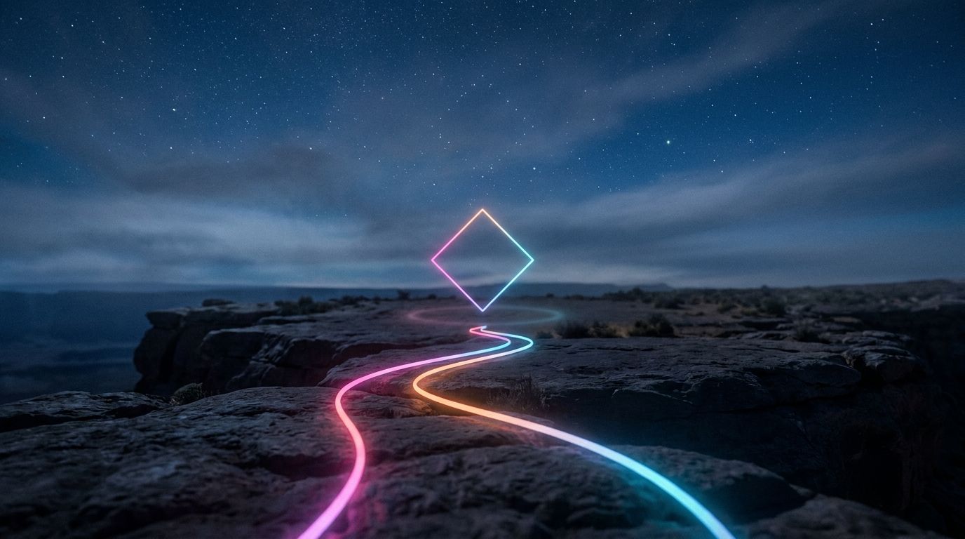 Starry plateau where a ground route mirrors a matching pattern of stars above one waypoint, like content reappearing in new forms.