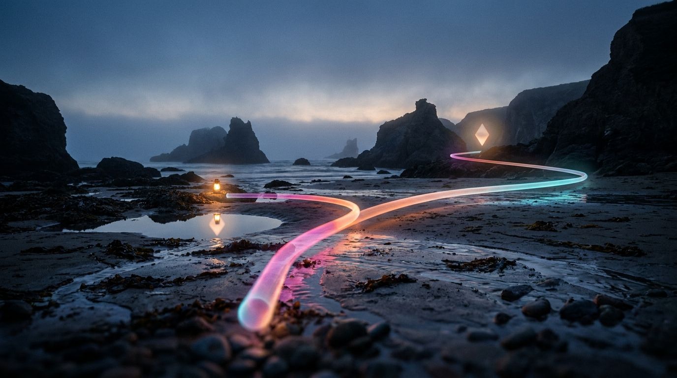 Wet sand tideline forks into two glowing routes, one short by a lantern, one longer along a rocky point, like choosing a builder or custom site.